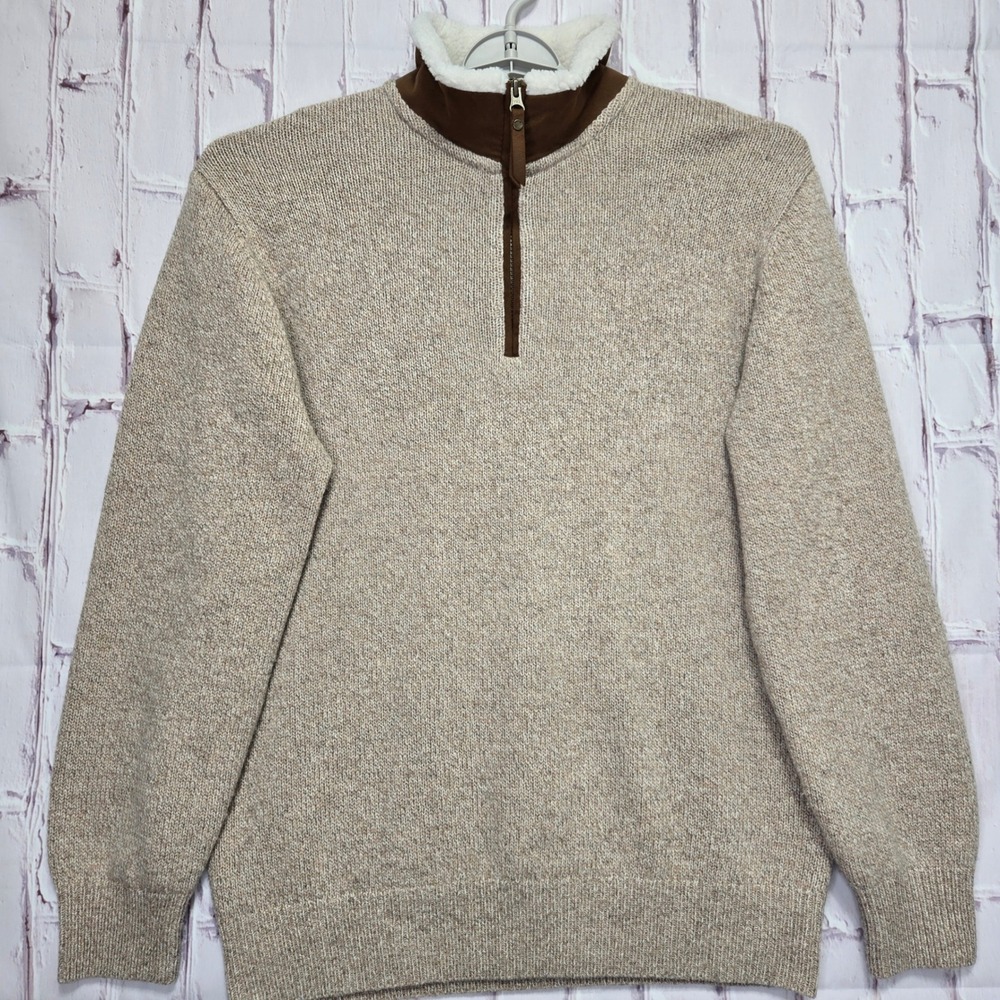 Orvis Quarter Zip Sweater Beige Lambswool Sherpa Mock Neck Mens Medium